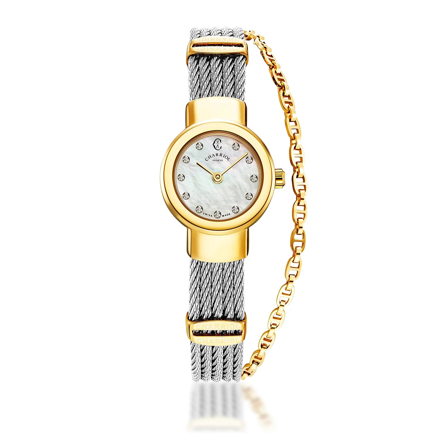 ST TROPEZ, 20MM, QUARTZ CALIBRE, WHITE MOTHER-OF-PEARL WITH 11 DIAMONDS DIAL, STEEL YELLOW GOLD PVD BEZEL, STEEL CABLE BRACELET - Charriol Geneve - Watch
