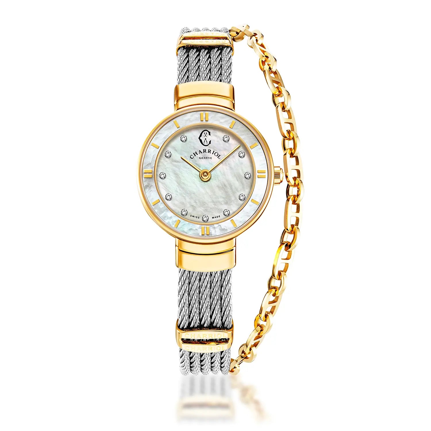 ST TROPEZ, 25MM, QUARTZ CALIBRE, MOTHER-OF-PEARL WITH 11 DIAMONDS DIAL, YELLOW GOLD PVD BEZEL, STEEL CABLE BRACELET - Charriol Geneve - Watch