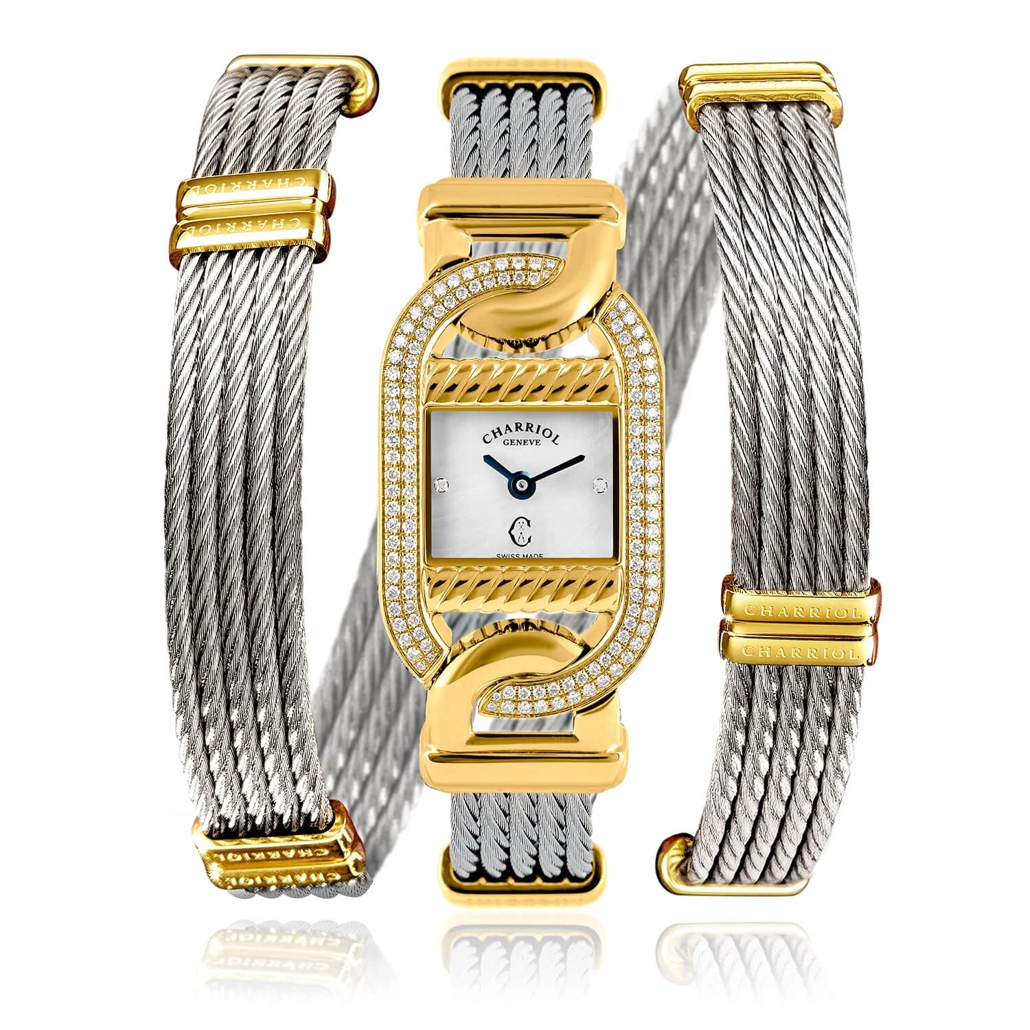 MARINER, 20MM, QUARTZ CALIBRE, STEEL YELLOW GOLD PVD WITH 128 DIAMONDS CASE, WHITE MOTHER-OF-PEARL WITH 2 DIAMONDS DIAL, STEEL TWISTED CABLE BRACELET - Charriol -  Watch